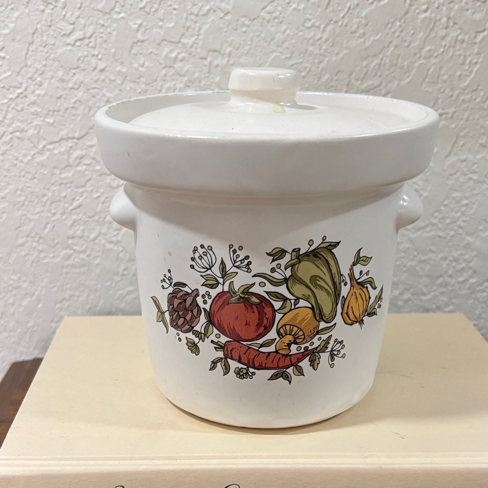 Charming White Ceramic Crock with Vegetable Motif